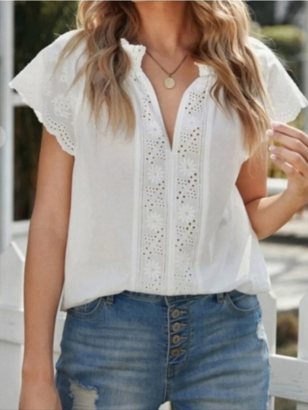 White Embroidered Eyelet Cap Sleeve Cotton Top